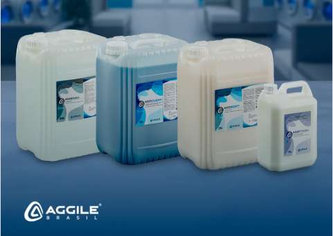 Produtos químicos ultraconcentrados para lavanderia industrial da Aggile Brasil: detergente, alvejante, amaciante e finalizador profissionais.
