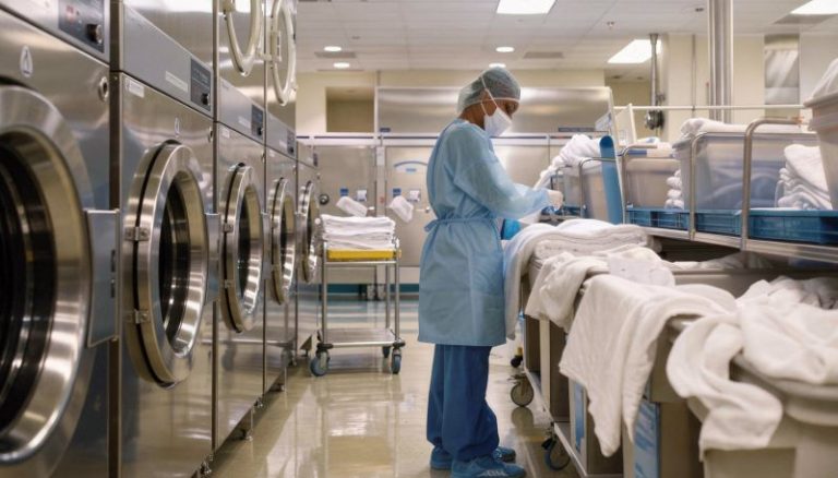 Lavanderia hospitalar com separação entre área suja e área limpa